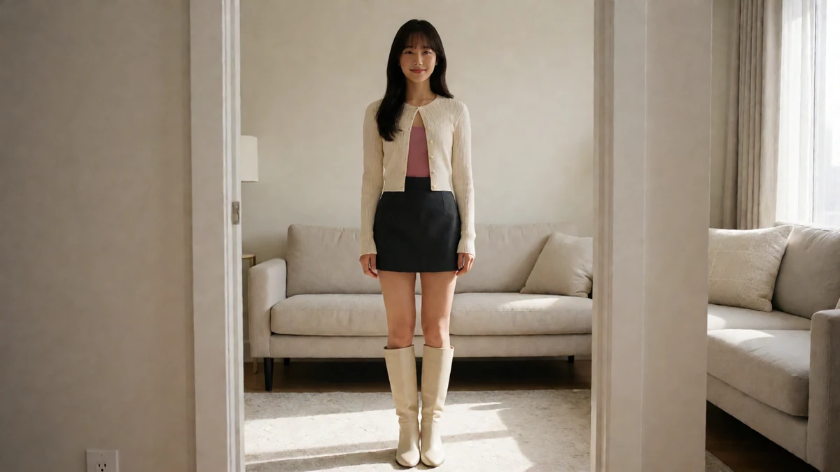 国产居家主题图:成年女子穿白外套和深色短裙站在客厅沙发前