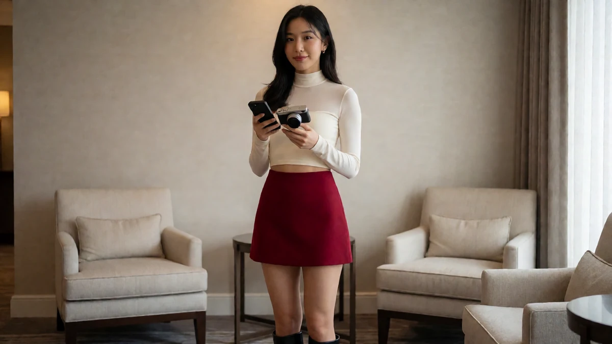 沙发自拍主题图:成年女子穿白上衣和酒红短裙站在沙发间拿手机