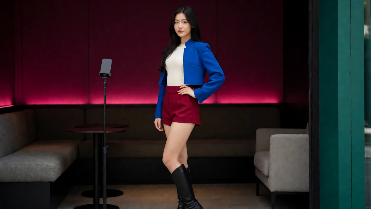 暗色酒吧主题图:成年女子穿蓝外套和红裙站在话筒与沙发旁