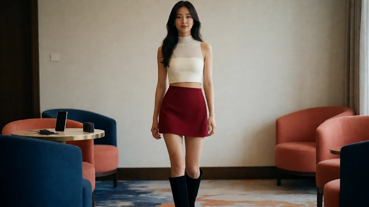 窗边红裙主题图:成年女子穿白色上衣、红裙与长靴站在客厅